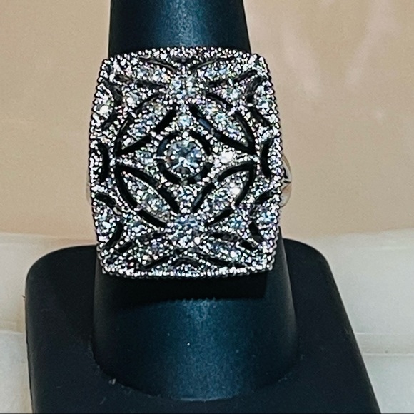🥂Fancy Large Open Work Silver Tone White Zircon Dinner Ring! - Picture 2 of 16